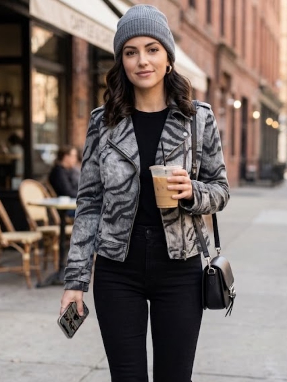 WHBM White House Black Market Tiger Print Denim Moto Jacket Gray Black 8
